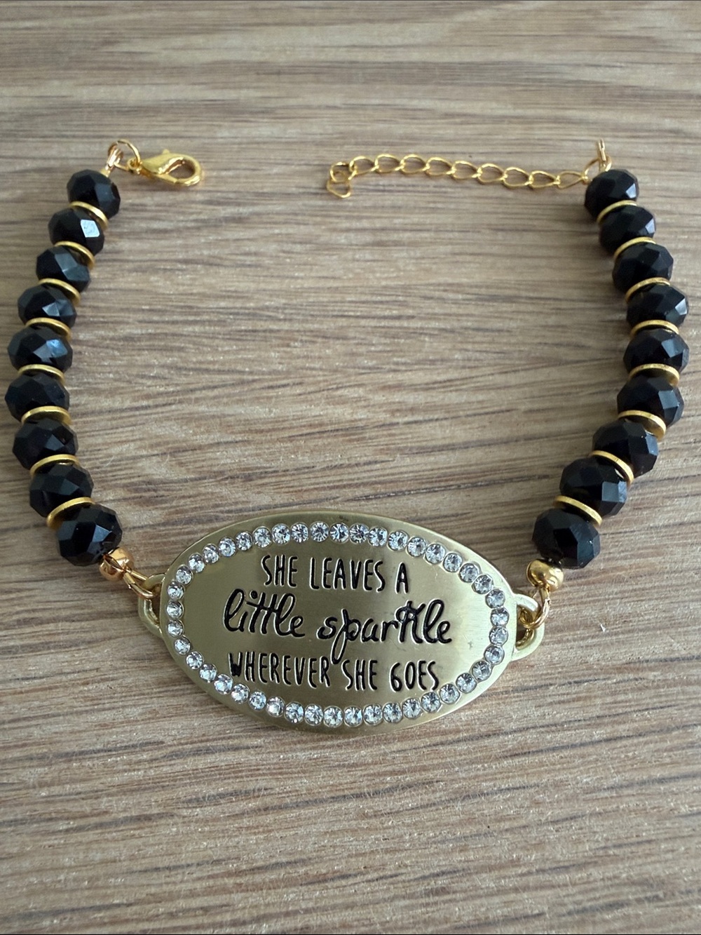 HAND CRAFTED GOLD “She Leaves a Little Sparkle…” BRACELET Black Faceted Beads